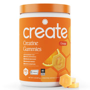 Create empaque frontal mostrando gomas naranja y beneficio portabilidad