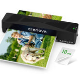 Crenova vista frontal de la laminadora compacta mostrando ranura A4 y diseño portátil