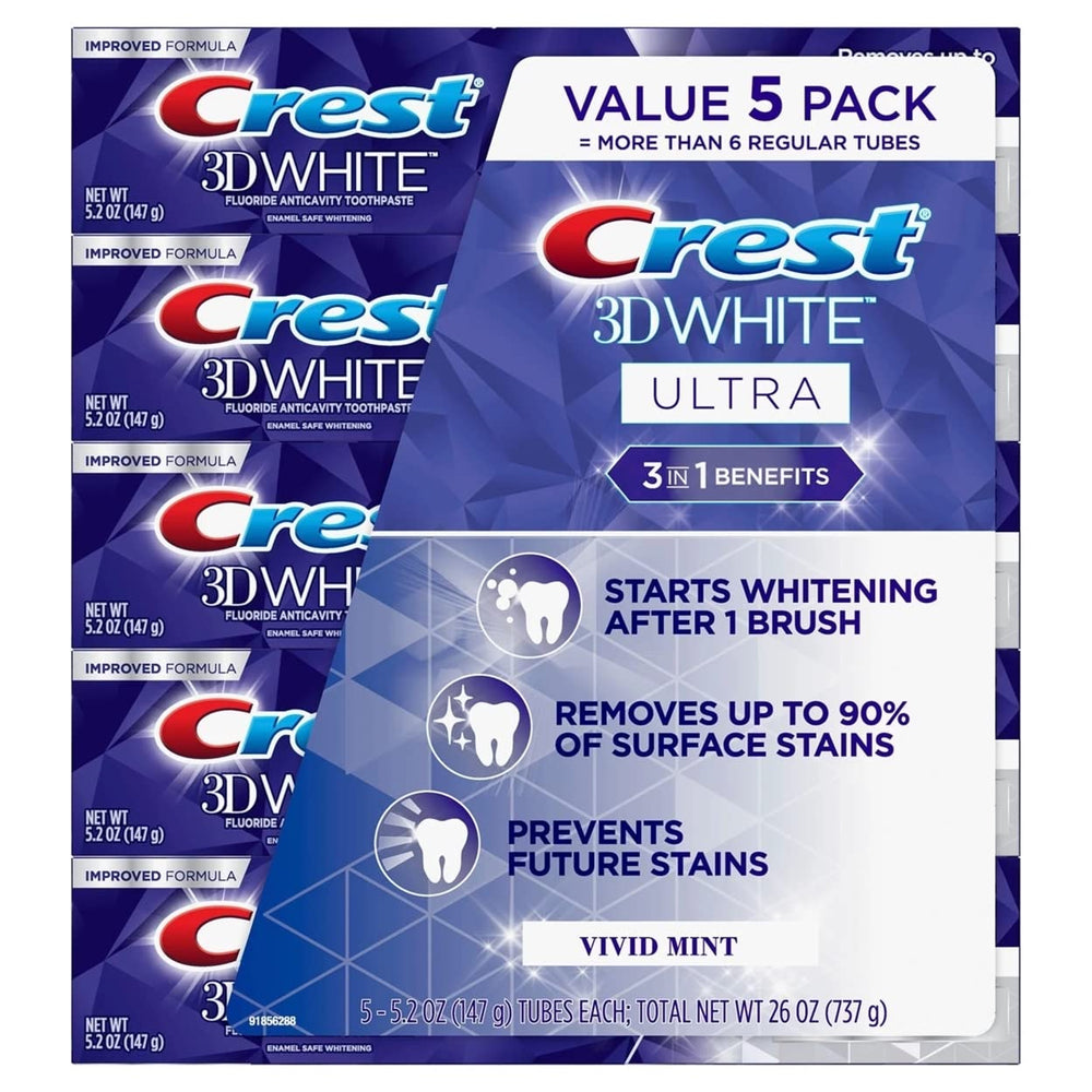 Crest 3D White mostrando el frente del tubo y brillo dental renovado