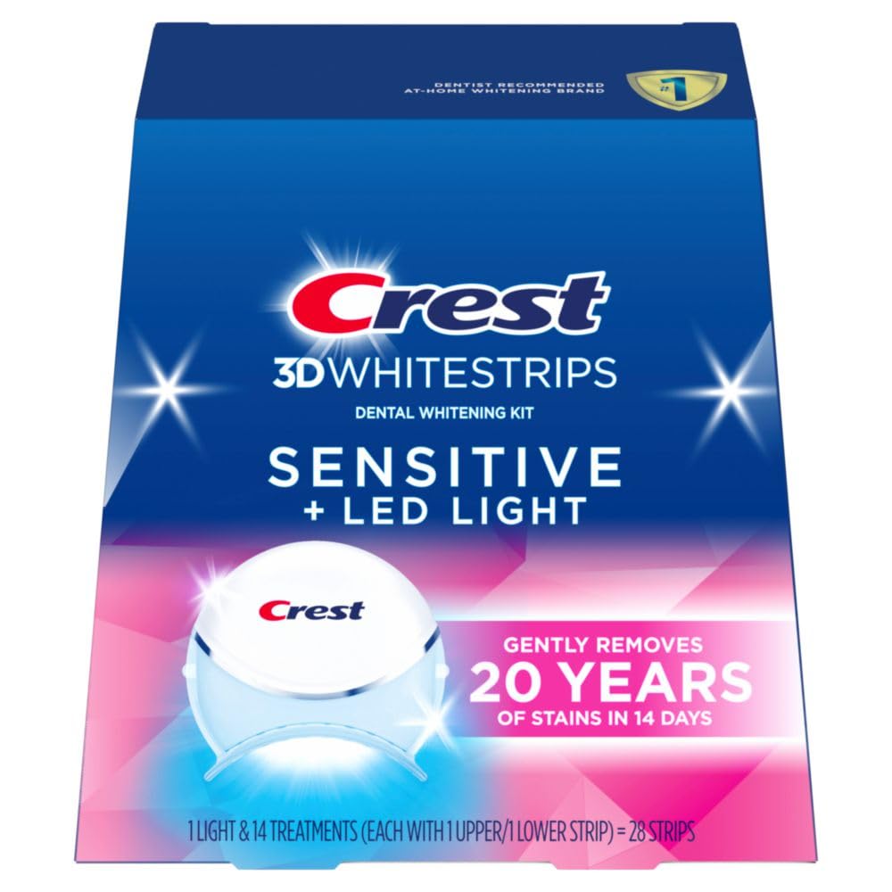 Crest paquete frontal mostrando tiras y luz LED, conveniencia de tratamiento en casa