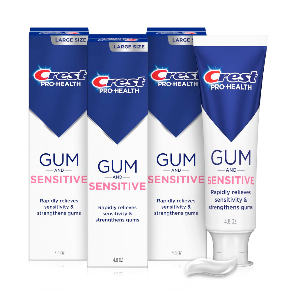 Crest empaque frontal pack de 3 mostrando protección para encías y sensibilidad