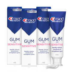 Crest empaque frontal pack de 3 mostrando protección para encías y sensibilidad