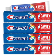 Crest paquete frontal mostrando cuatro tubos y beneficio de reposición fácil