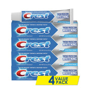 Crest frontal del empaque mostrando protección antisarro y blanqueamiento beneficios visuales