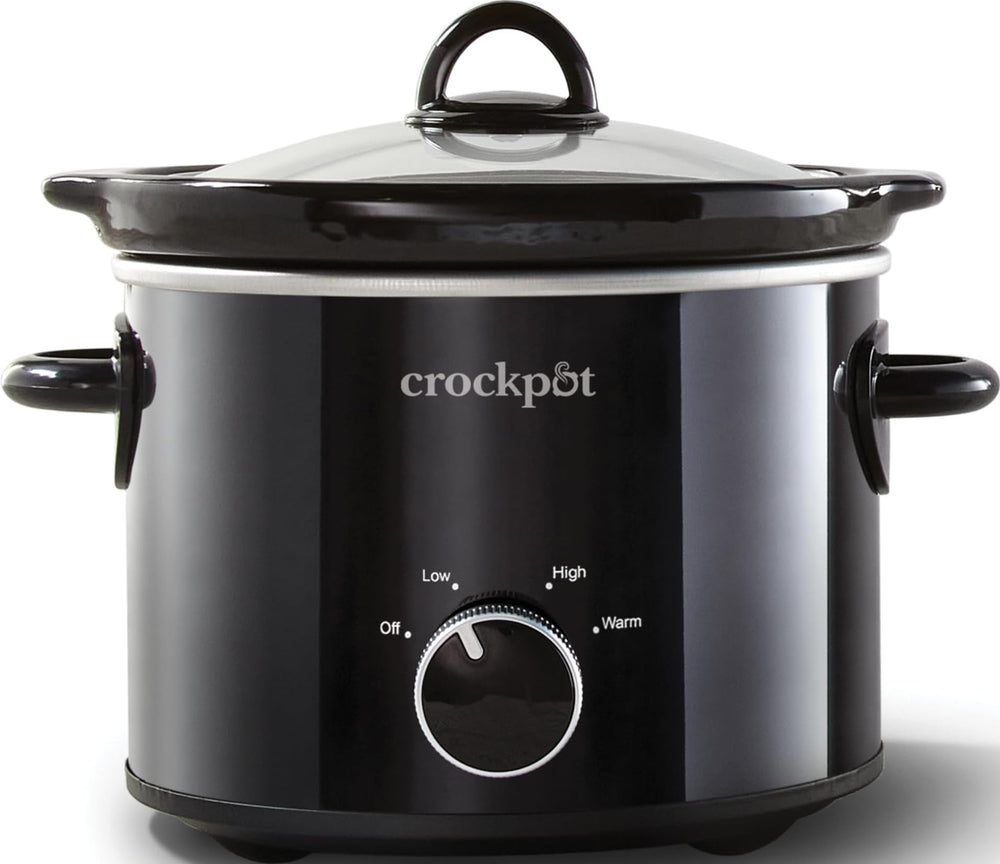 Crock-Pot frontal con acabado negro mostrando control manual y beneficio de simplicidad