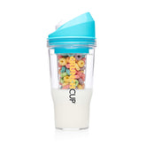CRUNCHCUP blue front view showing compact, spill-resistant design and portability