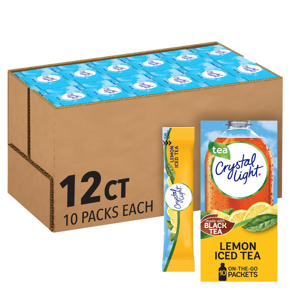 Crystal Light sobre y caja frontal mostrando práctico empaque y portabilidad