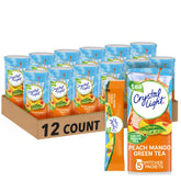 Crystal Light front packaging showing peach mango green tea, clear low-calorie benefit