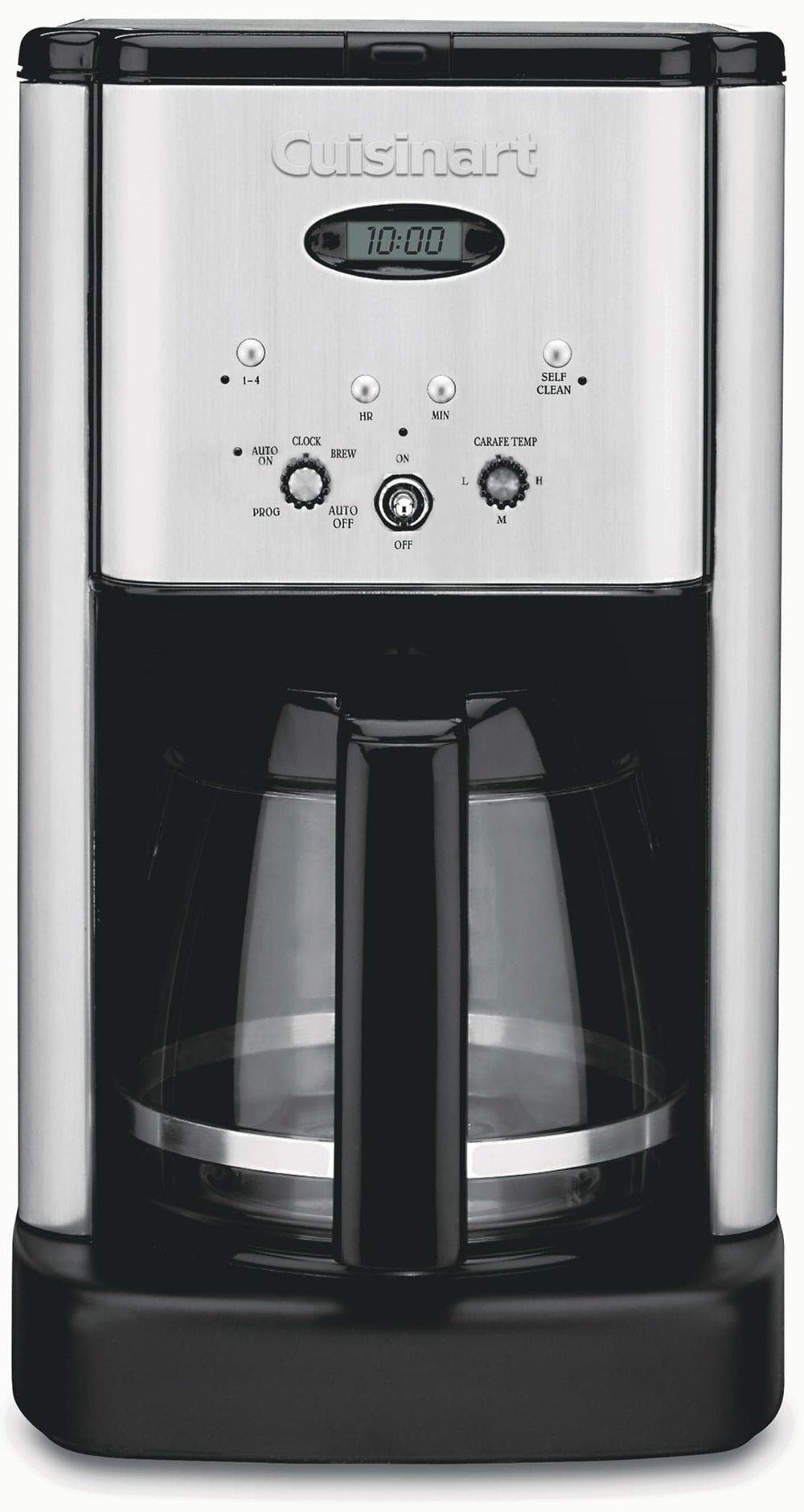 Cuisinart Brew Central front view showing brushed chrome finish and compact design benefit: stylish countertop appeal