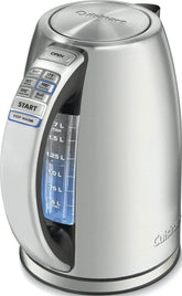Cuisinart electric kettle front view showing sleek stainless finish and fast heating benefit