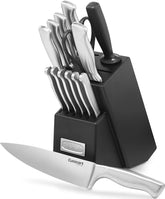 Cuisinart front view of 15-piece block set showing knives and wooden block for organized storage