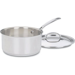 Cuisinart saucepan front view showing polished finish and tight lid for lasting durability