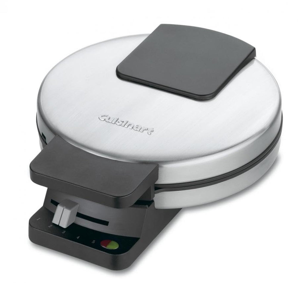 Cuisinart waffle maker front view showing stainless finish and compact design for style