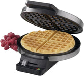 Cuisinart waffle maker front view shows brushed stainless finish and compact footprint
