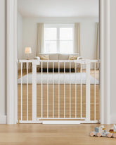 Cumbor front gate installed in doorway showing secure fit and clear crossing benefit