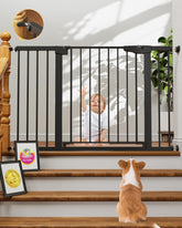 Cumbor black gate front view showing sturdy frame and wide opening for safety