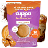 Cuppa Healthy Coffee front packaging showing salted caramel mushroom coffee, instantly recognizable for quick preparation and flavor