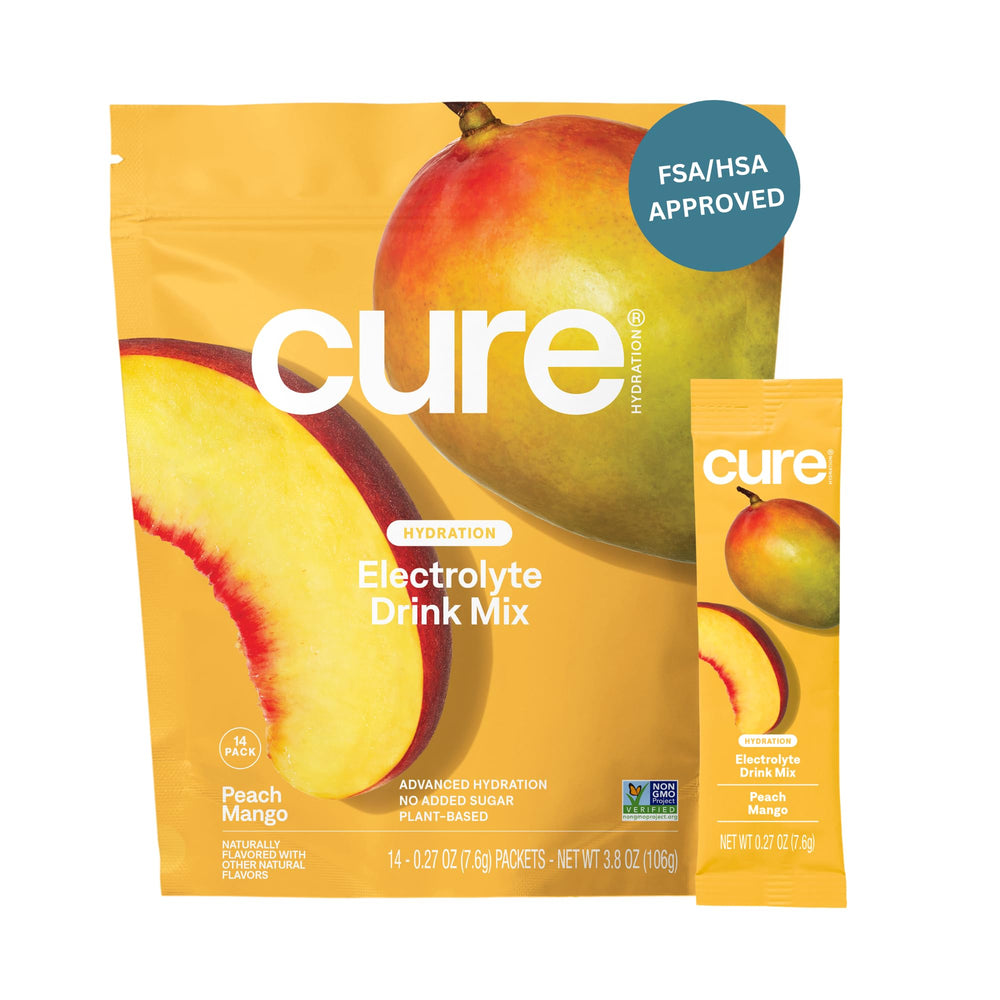 Cure Hydration caja frontal mostrando 14 sobres, fácil transporte