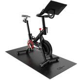 Cycleclub front view of black exercise mat protecting floor and gear