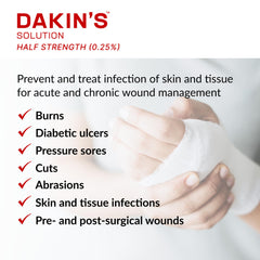 Dakin's etiqueta en primer plano mostrando concentración y NDC