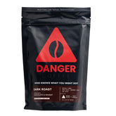 Danger Coffee front packaging showing 10.9 oz dark roast bag and brand clarity
