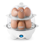 Dash front view of white egg cooker showing compact footprint and quick cooking benefit