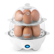 Dash front view of white egg cooker showing compact footprint and quick cooking benefit
