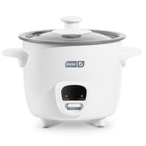 DASH front view of mini rice cooker showing compact profile and white finish for small spaces