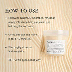 Davines NOUNOU aplicación sobre cabello húmedo facilitando desenredado y suavidad