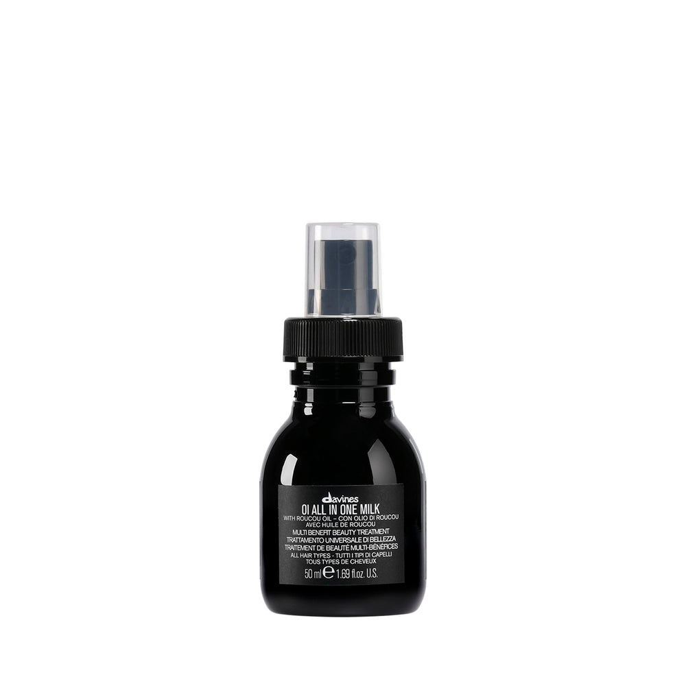 Davines OI front packaging showing travel-size bottle and brand shine benefit