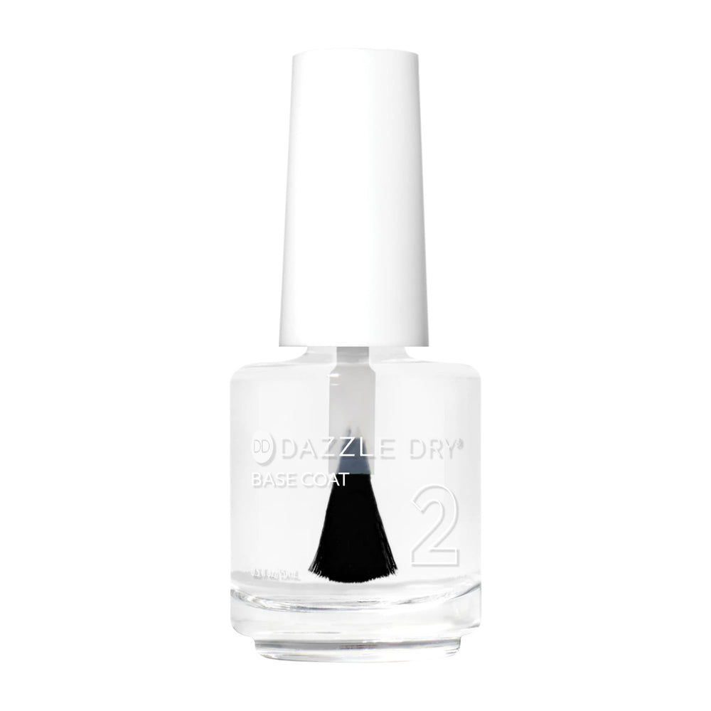 Dazzle Dry base coat frente mostrando envase claro y aplicación precisa