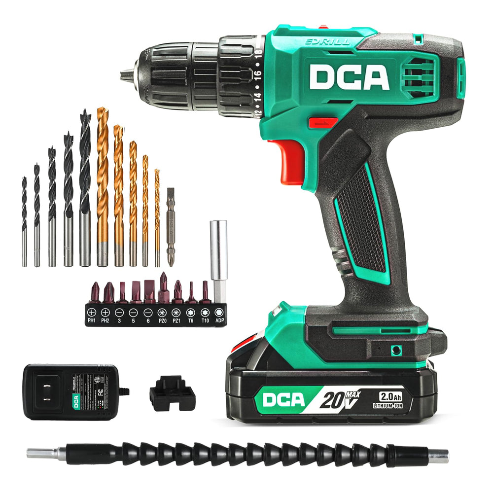 DCA taladro ADJZ2035 frontal mostrando diseño compacto y control ergonómico