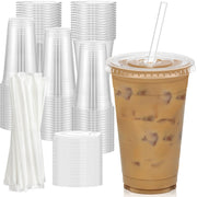 Dealusy front packaging showing 20 oz clear cups and included lids and straws benefits convenience