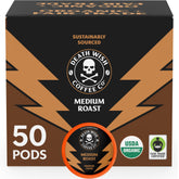 Death Wish Coffee caja frontal mostrando 50 cápsulas y conveniencia
