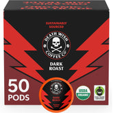 Death Wish Coffee caja frontal mostrando 50 cápsulas, impacto visual fuerte
