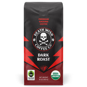 Death Wish Coffee frontal del paquete mostrando marca y beneficio energético