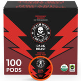 Death Wish Coffee front box showing 100 pods and bold packaging, brand clarity and convenience