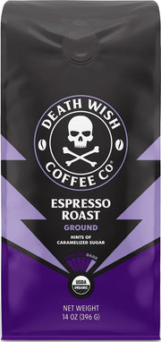 Death Wish Coffee paquete frontal muestra sello orgánico y fuerza