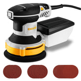 DEKOPRO orbital sander front view showing compact design and control benefits