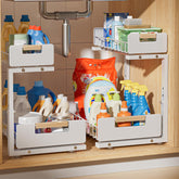 Delamu front view of 2-pack pull-out shelves showing neat organization and easy access
