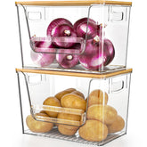 Delamu clear organizer front view with bamboo lid and tidy countertop benefit