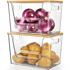 Delamu clear organizer front view with bamboo lid and tidy countertop benefit
