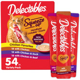 Delectables front packaging showing 54 tubes and variety pack benefit
