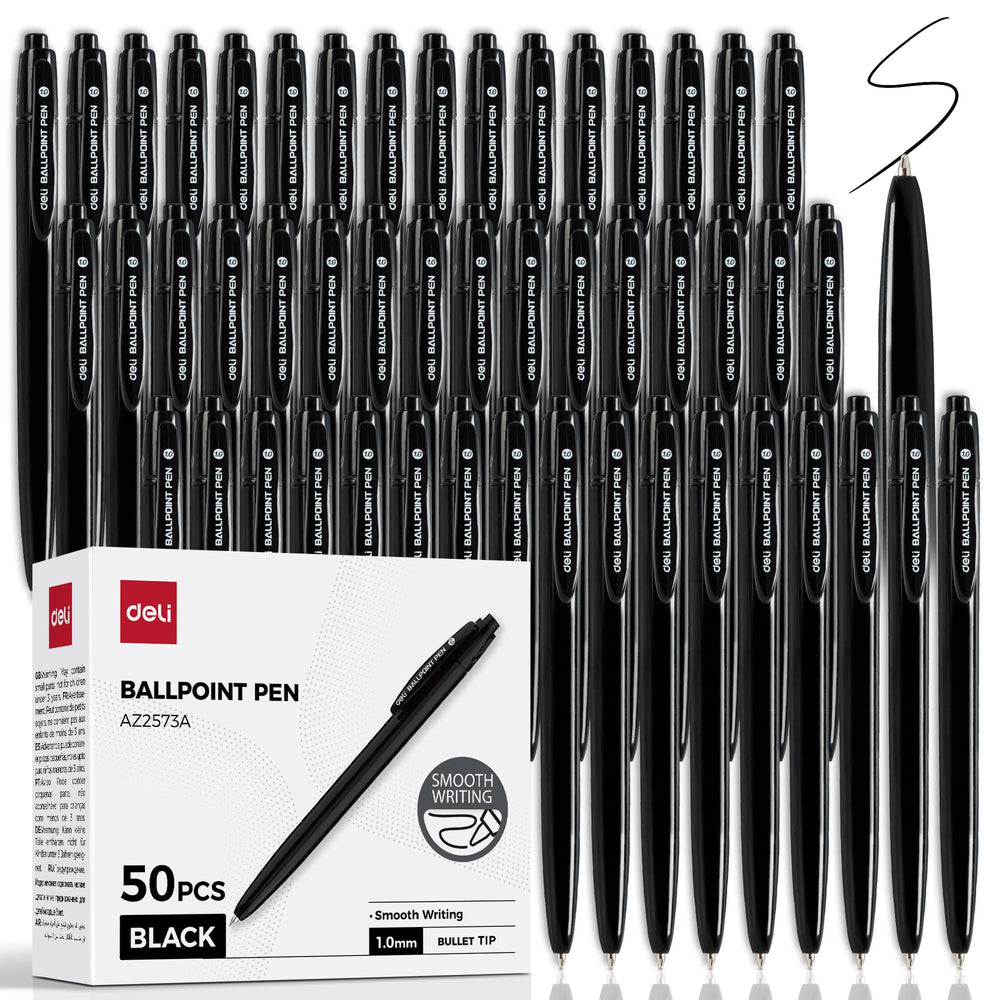 deli retractable pen front view showing slim barrel and clip for portable carry