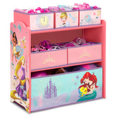 Delta Children front view of organizer showing six bins and princess artwork for tidy play