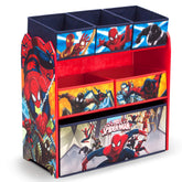 Delta Children front view showing Spider-Man graphics and full organizer benefit tidy storage