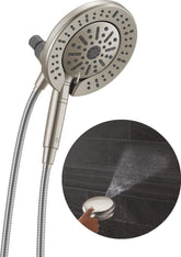 DELTA front view showing dual shower head and brushed nickel finish with versatile performance