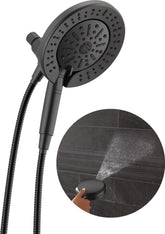 DELTA front view matte black showerhead showing dual-head design and benefit of versatile showers