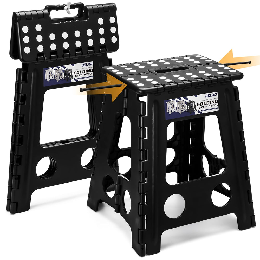 Delxo front view folded stool showing compact storage and portability
