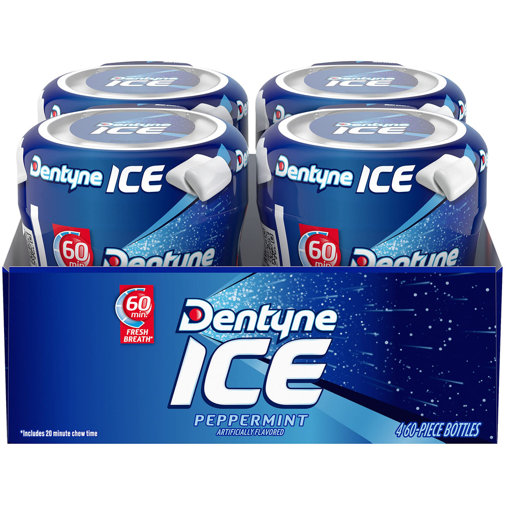 Dentyne vista frontal de la botella mostrando diseño y frescura